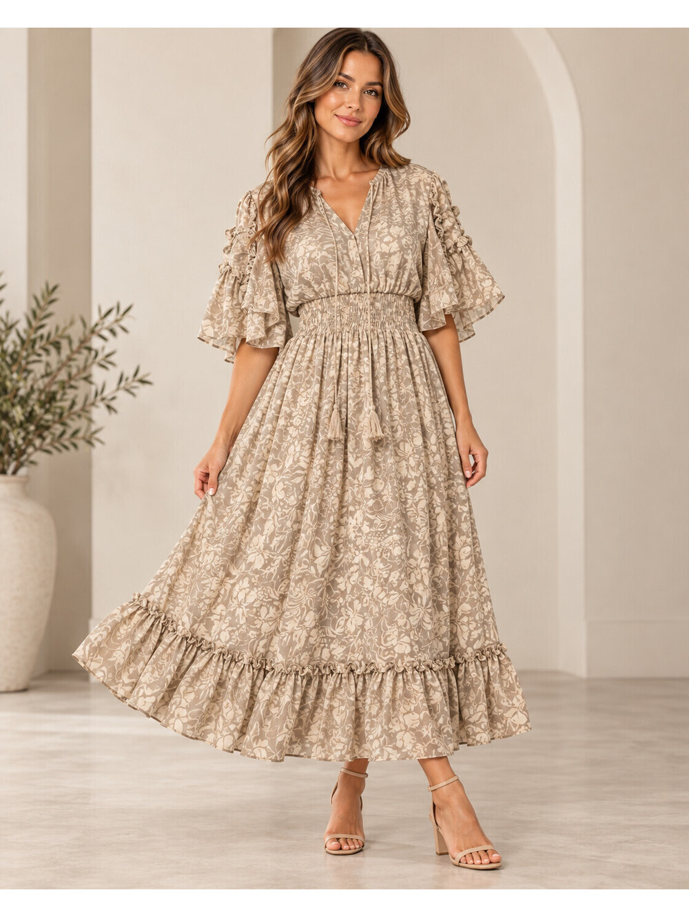 Charmed Hearts Womens S Taupe Floral Maxi Dress Smocked Waist Ruffle Boho V-Neck